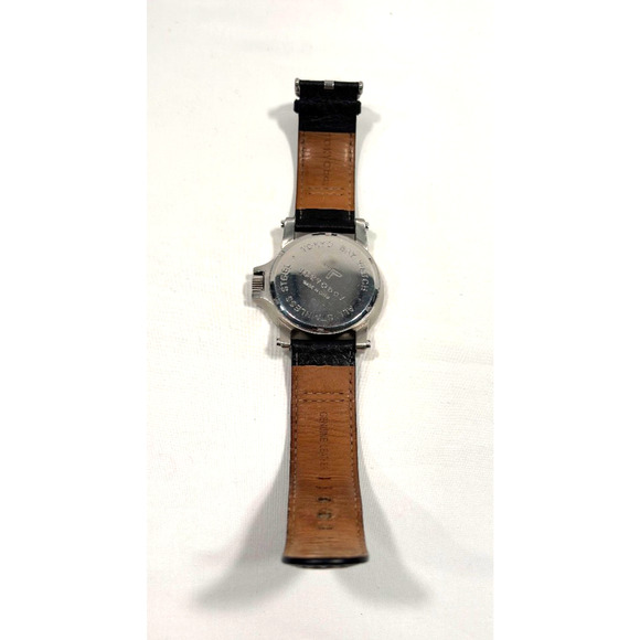TokyoBay All Stainless Steel Black Leather Band Wrist Watch Cream Face